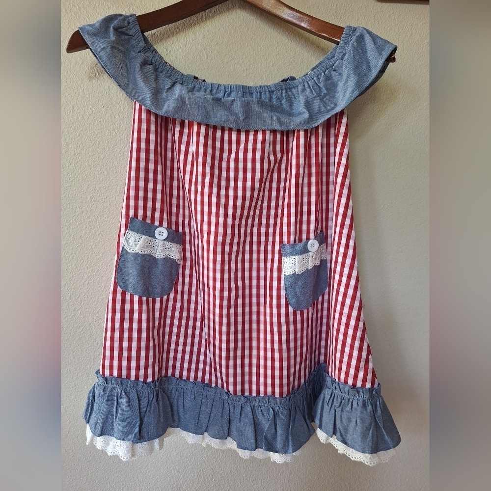 Makena Lane Girls Red Checked Denim Ruffle Dress. Size 6/7